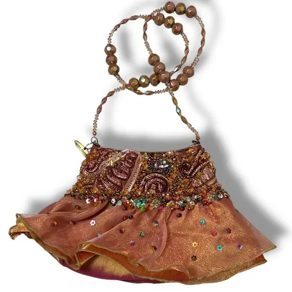 Mary Frances Chiffon Ruffle Beaded Swirl Shoulder Hand Bag Purse Orange/Purple - Picture 2 of 5